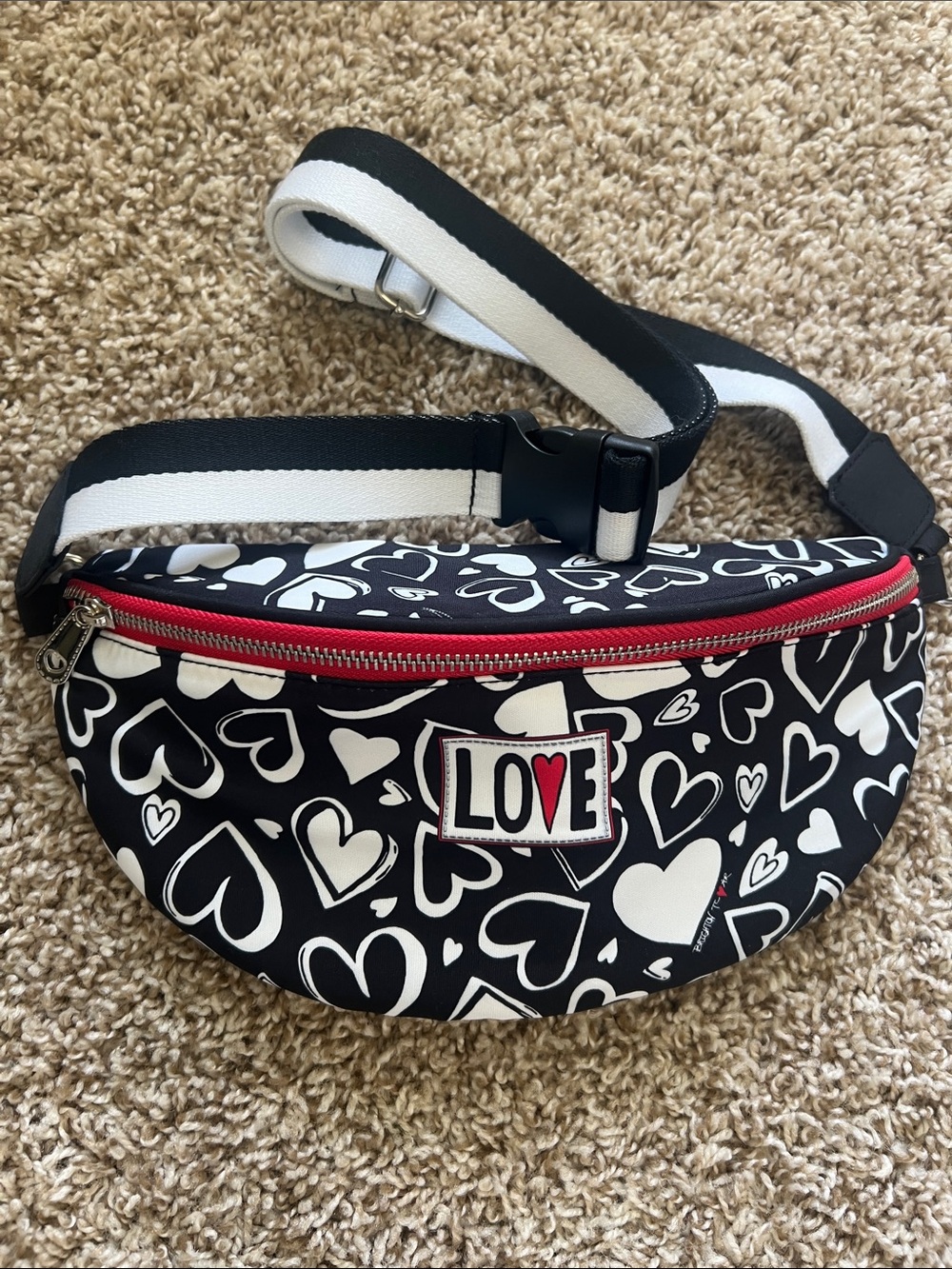 LOVE Heart Print Black & White Waist Bag with Red Zip